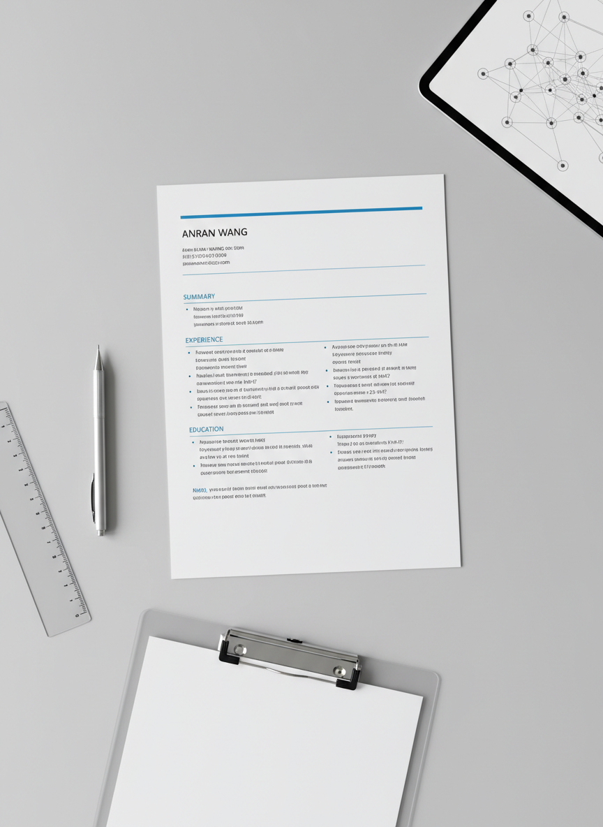 A flat-lay composition of a printed resume for “Anran,” centered on a smooth, pale gray desk surface. The resume has a clean, structured layout with distinct sections, subtle blue accent lines, and neatly aligned bullet points. Around it lie a silver mechanical pencil, a clear acrylic ruler, and a minimalist clipboard with a brushed metal clip. In the upper corner, a tablet displays a simple research map in monochrome nodes and lines. Soft studio lighting from above creates balanced illumination, minimal shadows, and a polished corporate aesthetic. The photographic image is sharp throughout, conveying precision, professionalism, and methodical organization suitable for job applications and formal introductions.
