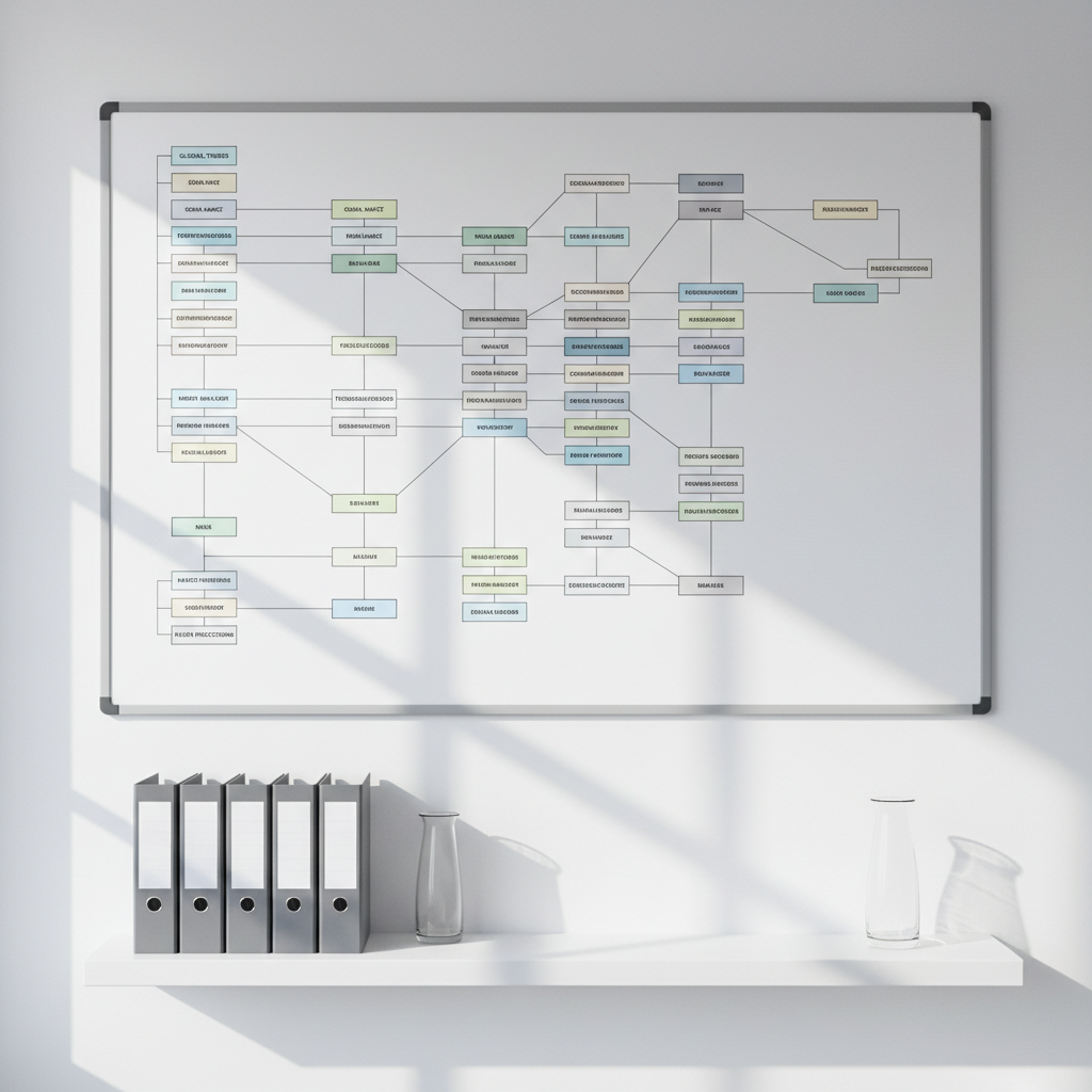 A large, wall-mounted whiteboard filled with a structured research map, featuring thin black connectors and neatly labeled nodes in subtle muted colors. The whiteboard is framed in matte aluminum and mounted on a cool white office wall, with a sleek floating shelf below holding closed folders and a single, minimal glass vase. Natural daylight streams from a side window, casting soft linear shadows and highlighting the clean lines of the diagram. Captured from a straight-on, eye-level viewpoint with photographic realism and a wide depth of field, the composition is perfectly balanced and symmetrical, evoking a sense of clarity, strategic thinking, and analytical rigor that reflects a professional research-focused profile.