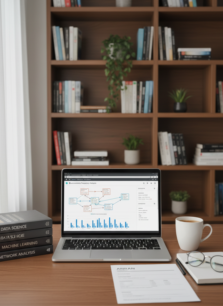 一张展示带有数据分析图表的笔记本电脑，旁边有书籍、关于anran的简历、眼镜和杯子，背景有书架，主要关注共现频率分析。注意：anran为全名，不加其他内容。